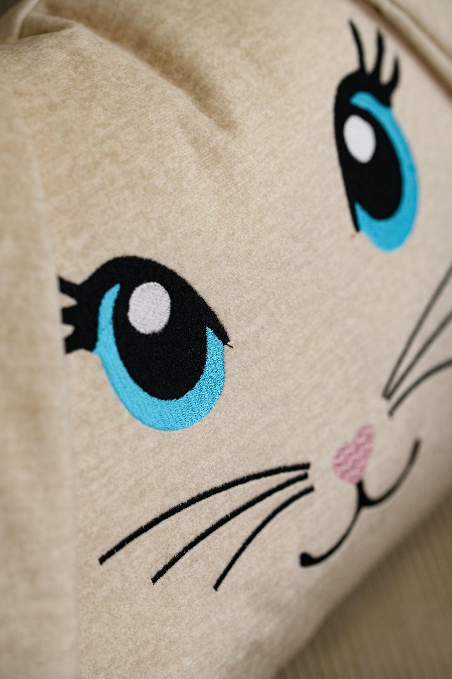Cute velvet beige bunny cushion for kids room, Personalized baby girl boy room decoration, Embroidered Easter Bunny pillow with ears