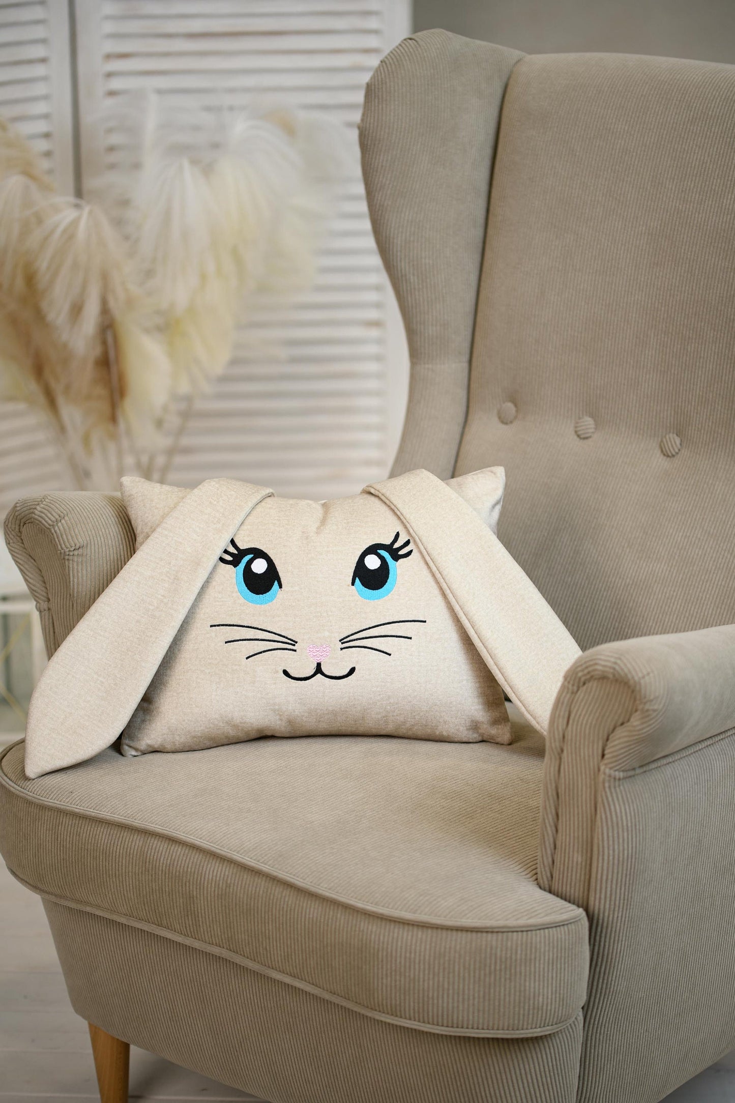 Cute velvet beige bunny cushion for kids room, Personalized baby girl boy room decoration, Embroidered Easter Bunny pillow with ears