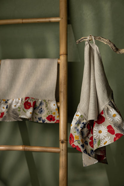 Kitchen towel set with poppy flower, Floral linen tea towel, Wildflower dish towel with ruffles