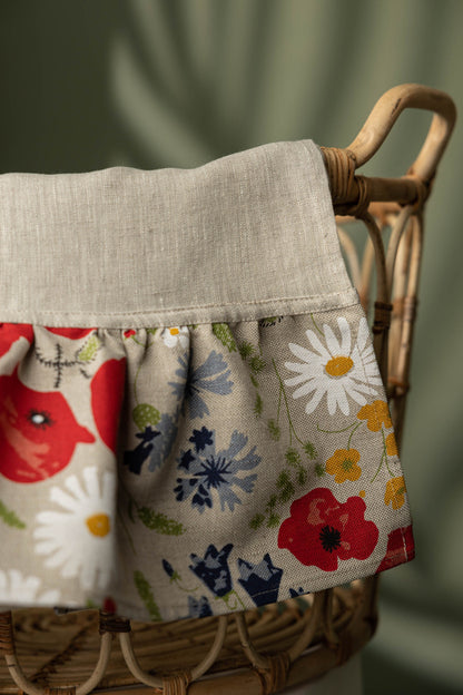 Kitchen towel set with poppy flower, Floral linen tea towel, Wildflower dish towel with ruffles