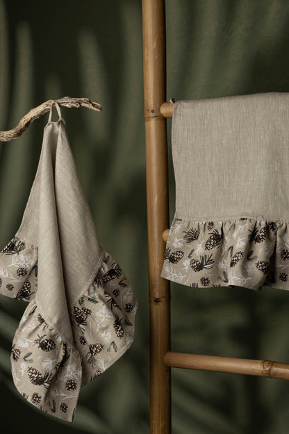 Rustic Christmas kitchen towel set, Pinecone linen tea towel, Hand towel, Decorative dishcloth with ruffle, Nature inspired kitchen décor