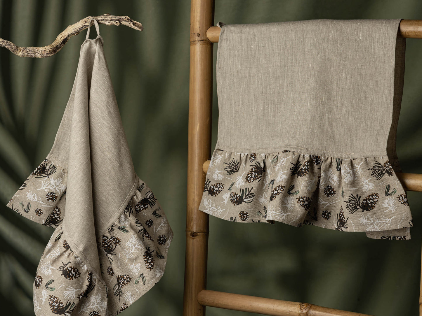 Rustic Christmas kitchen towel set, Pinecone linen tea towel, Hand towel, Decorative dishcloth with ruffle, Nature inspired kitchen décor