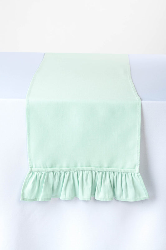 Light teal table runner, Mint table runner with ruffled ends, Pale teal table centerpiece, Teal wedding decorations