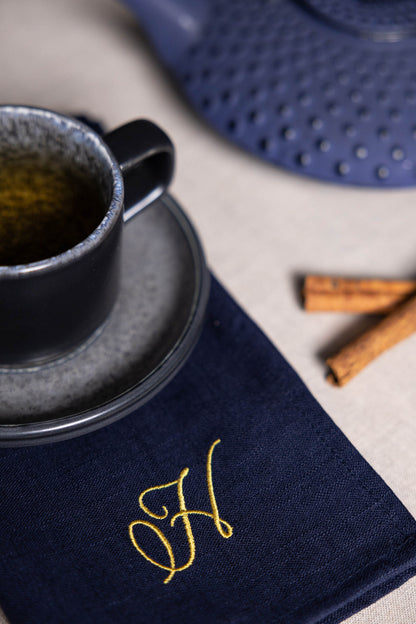 Embroidered napkins, Navy blue dinner napkins, Linen serviette, Personalized table decorations
