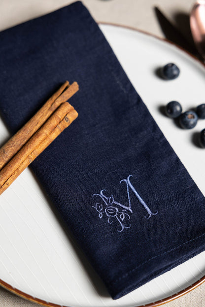 Embroidered napkins, Navy blue dinner napkins, Linen serviette, Personalized table decorations