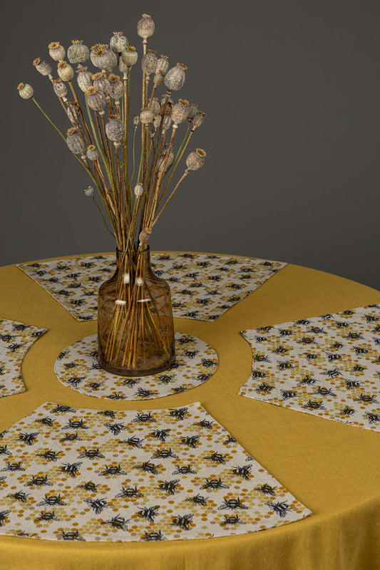Honeybee placemat set for round table, Bumblebee reversible mats, Busy bees linen toppers, Honeycomb linen placemat set, Gift for bee fan
