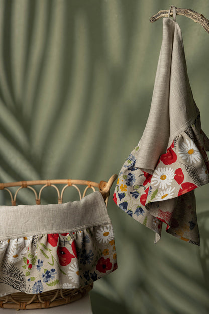 Kitchen towel set with poppy flower, Floral linen tea towel, Wildflower dish towel with ruffles