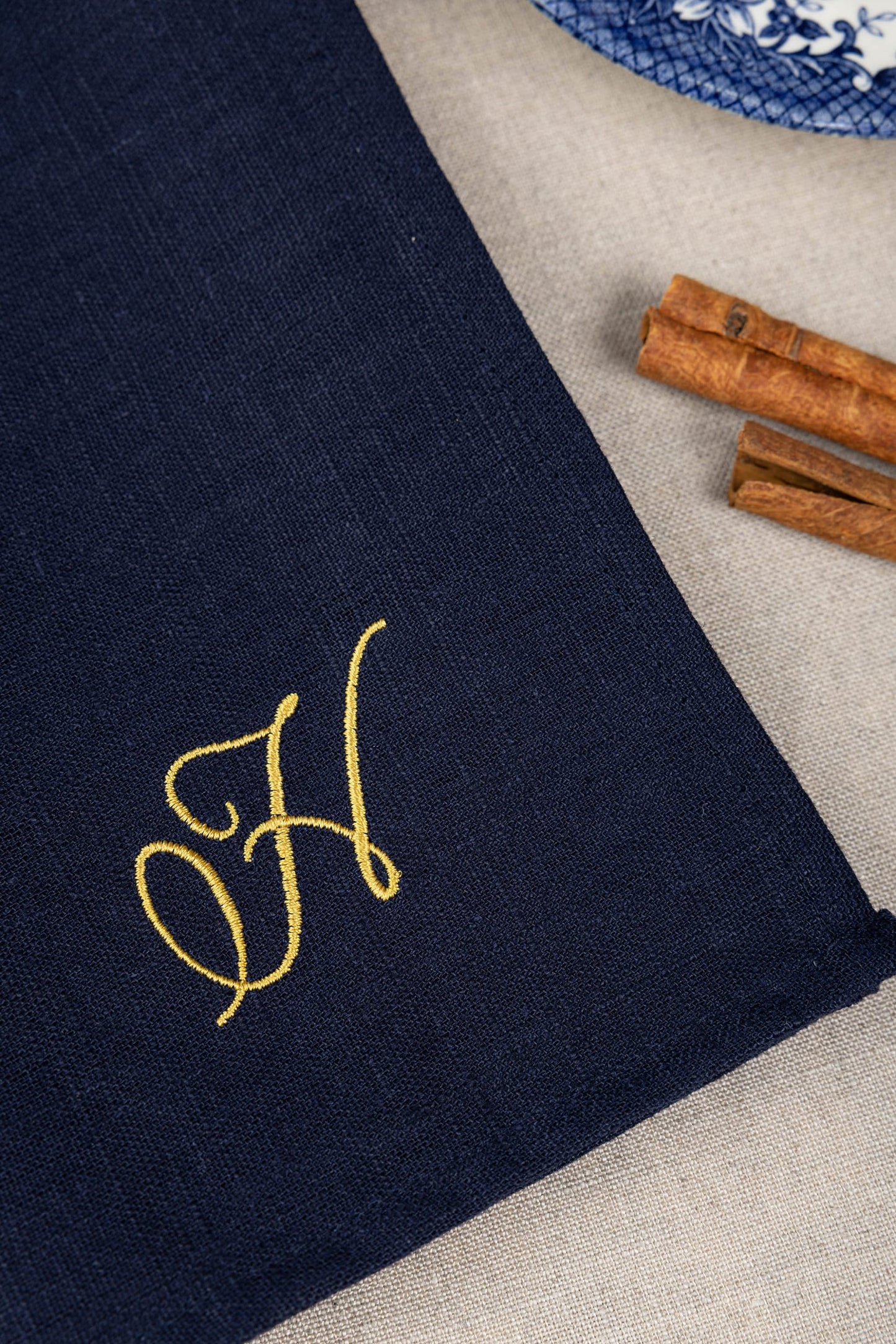 Dark blue linen napkin with gold embroidered letter, Personalized Luncheon Napkins, Navy blue wedding decorations