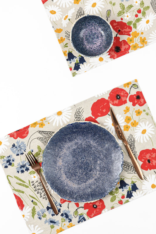Floral placemat set of 2 4 6 8 10, Poppy flower fabric table toppers, Spring placemats for dinning table, Country table decorations