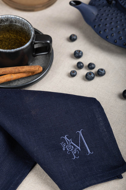 Navy blue personalized napkins, Embroidered napkins, Blue monogram napkins, Customized dark blue cloth, Blue linen serviettes