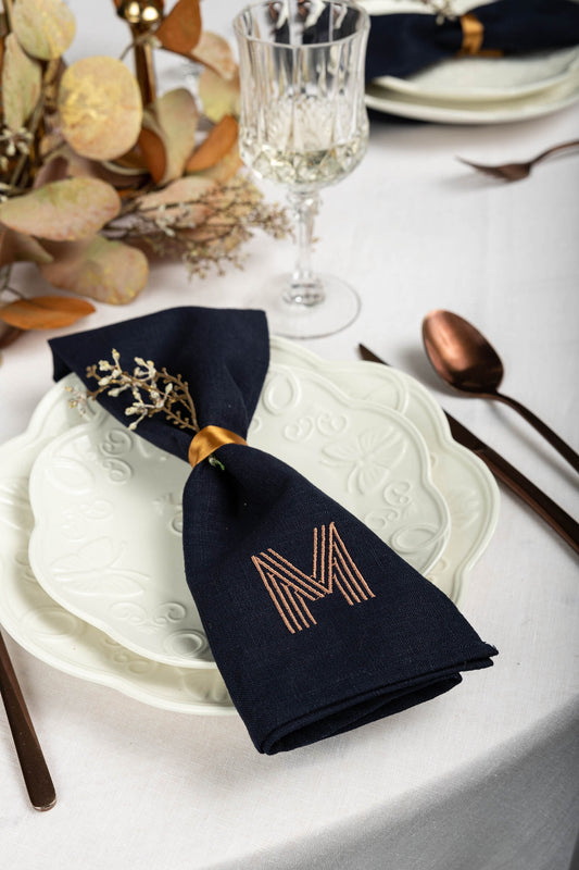 Personalized wedding napkins, Navy blue dinner napkins, Embroidered linen serviette