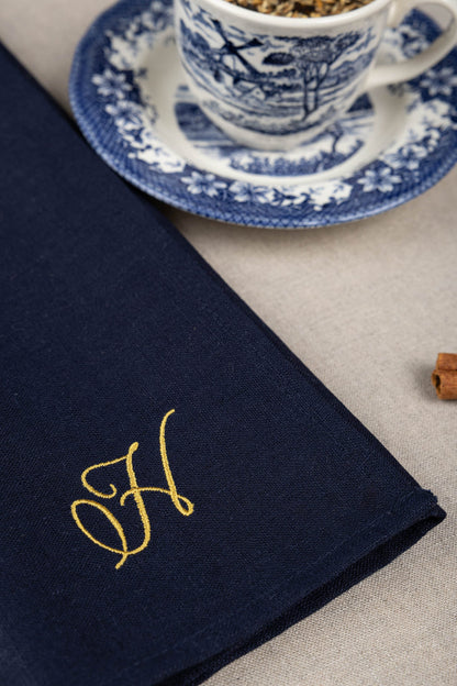 Dark blue linen napkin with gold embroidered letter, Personalized Luncheon Napkins, Navy blue wedding decorations