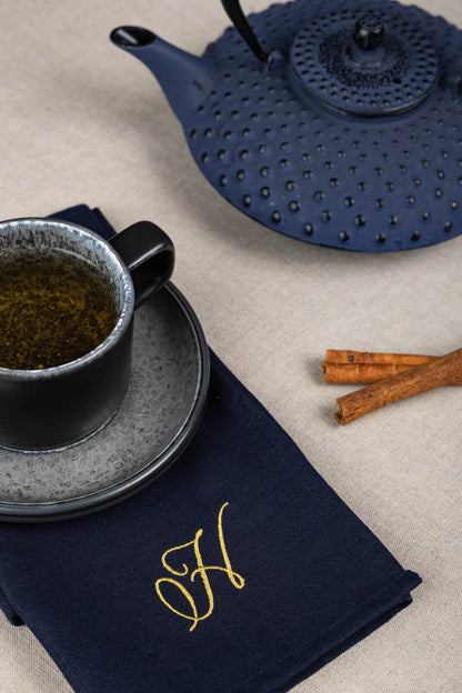 Dark blue linen napkin with gold embroidered letter, Personalized Luncheon Napkins, Navy blue wedding decorations