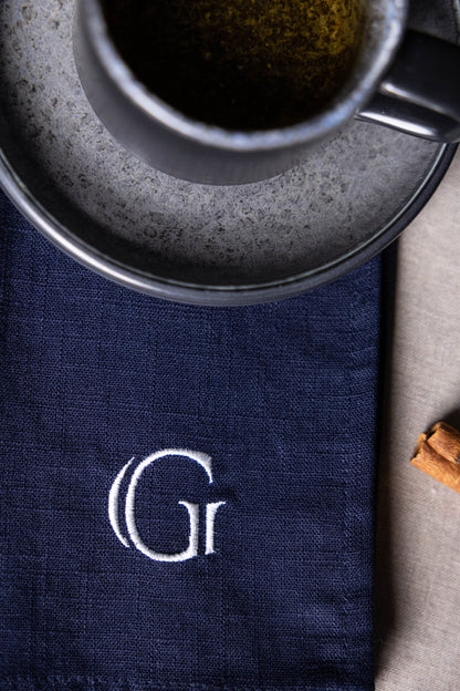Embroidered napkins, Navy blue dinner napkins, Linen serviette, Personalized table decorations