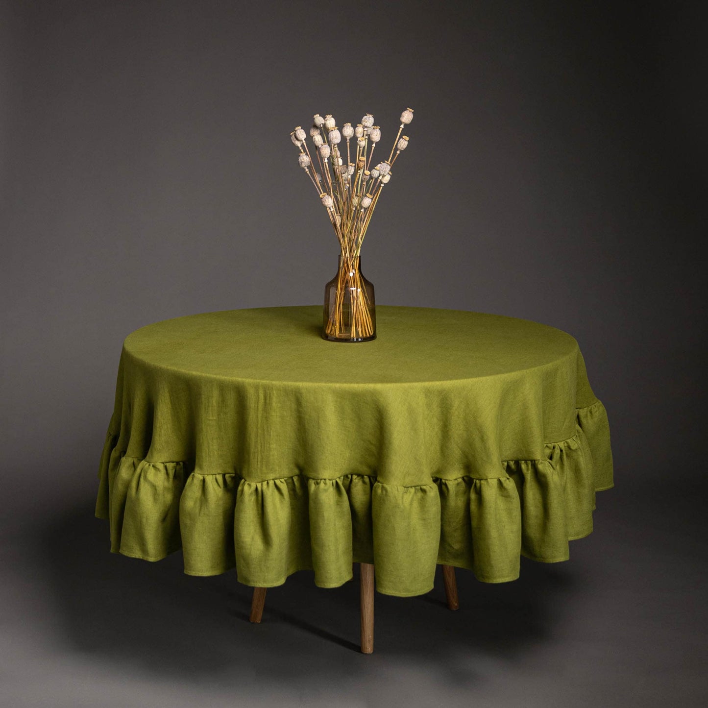 Green round tablecloth with ruffles, Natural linen tablecloth
