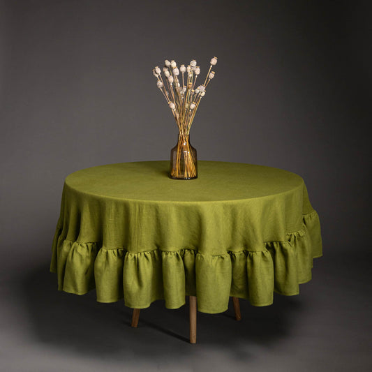 Green round tablecloth with ruffles, Natural linen tablecloth