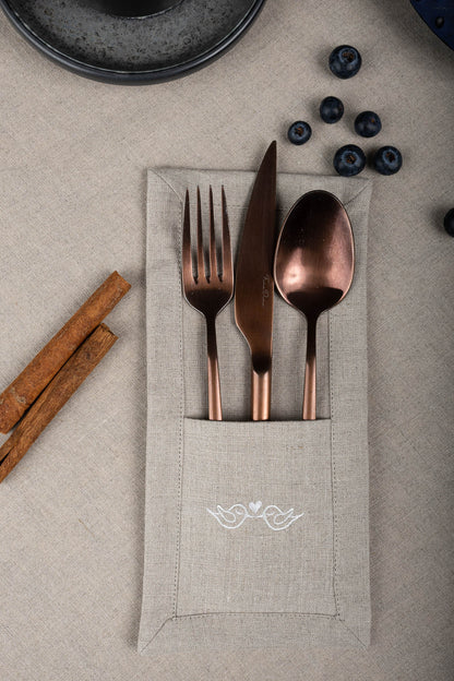 Linen cutlery holder with birds, Embroidered wedding cutlery holder