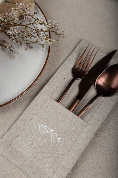 Linen cutlery holder with birds, Embroidered wedding cutlery holder