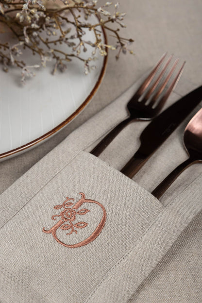 Personalized cutlery holder, Rustic Christmas table decoration, Embroidered linen cutlery pouch, Fabric silverware pocket, Cutlery organizer