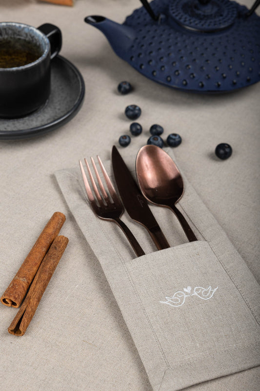 Linen cutlery holder with birds, Embroidered wedding cutlery holder