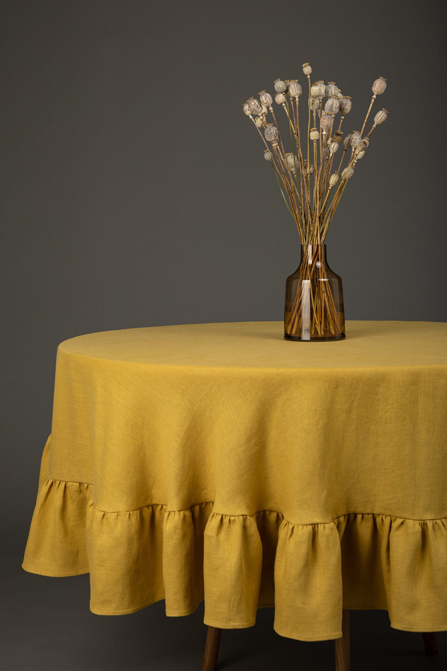 Mustard round tablecloth with ruffles