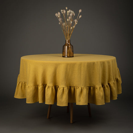 Mustard round tablecloth with ruffles