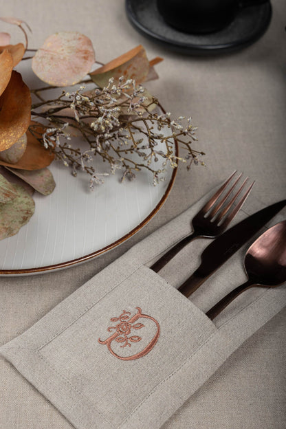 Personalized cutlery holder, Rustic Christmas table decoration, Embroidered linen cutlery pouch, Fabric silverware pocket, Cutlery organizer