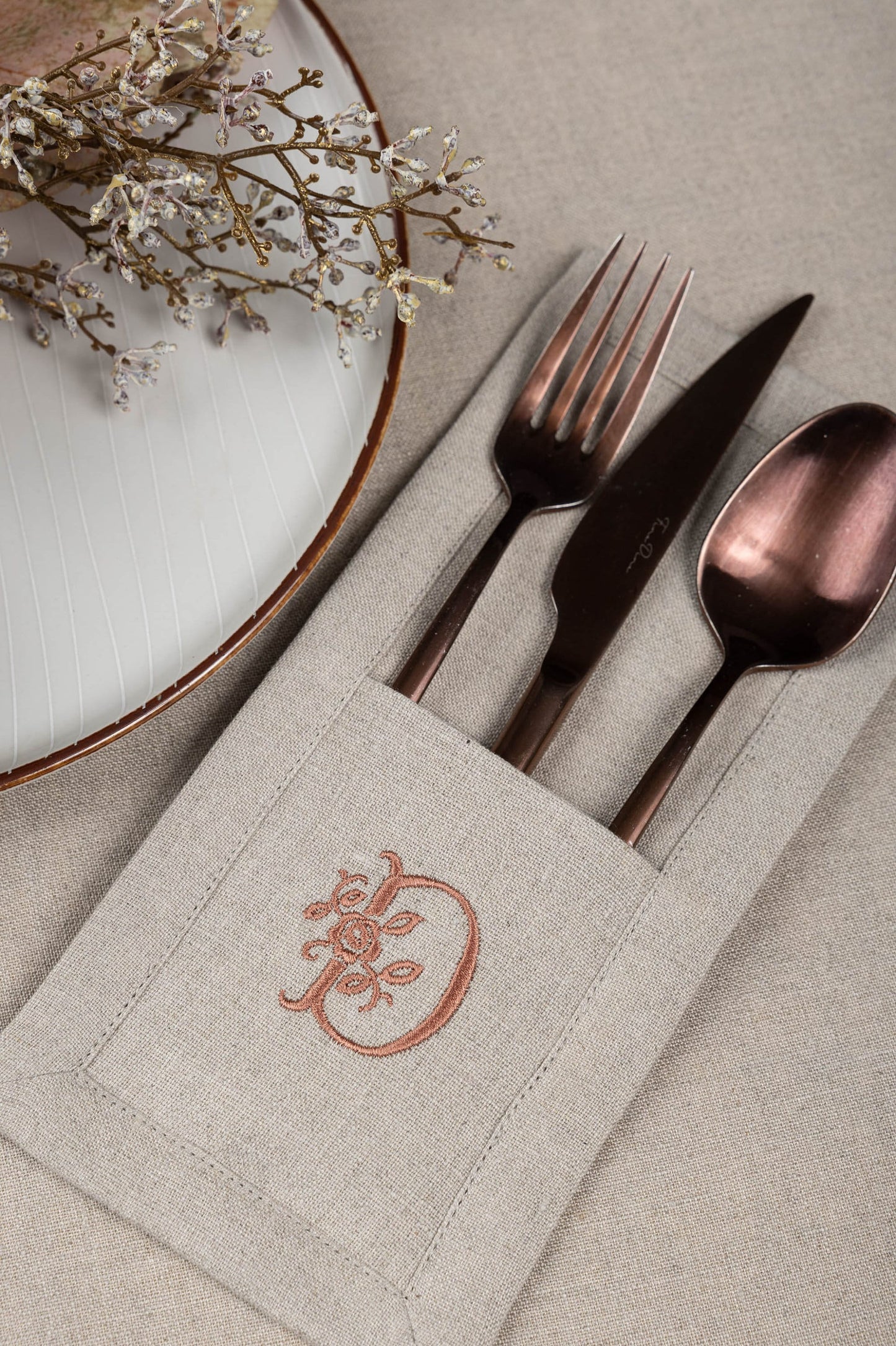 Personalized cutlery holder, Rustic Christmas table decoration, Embroidered linen cutlery pouch, Fabric silverware pocket, Cutlery organizer