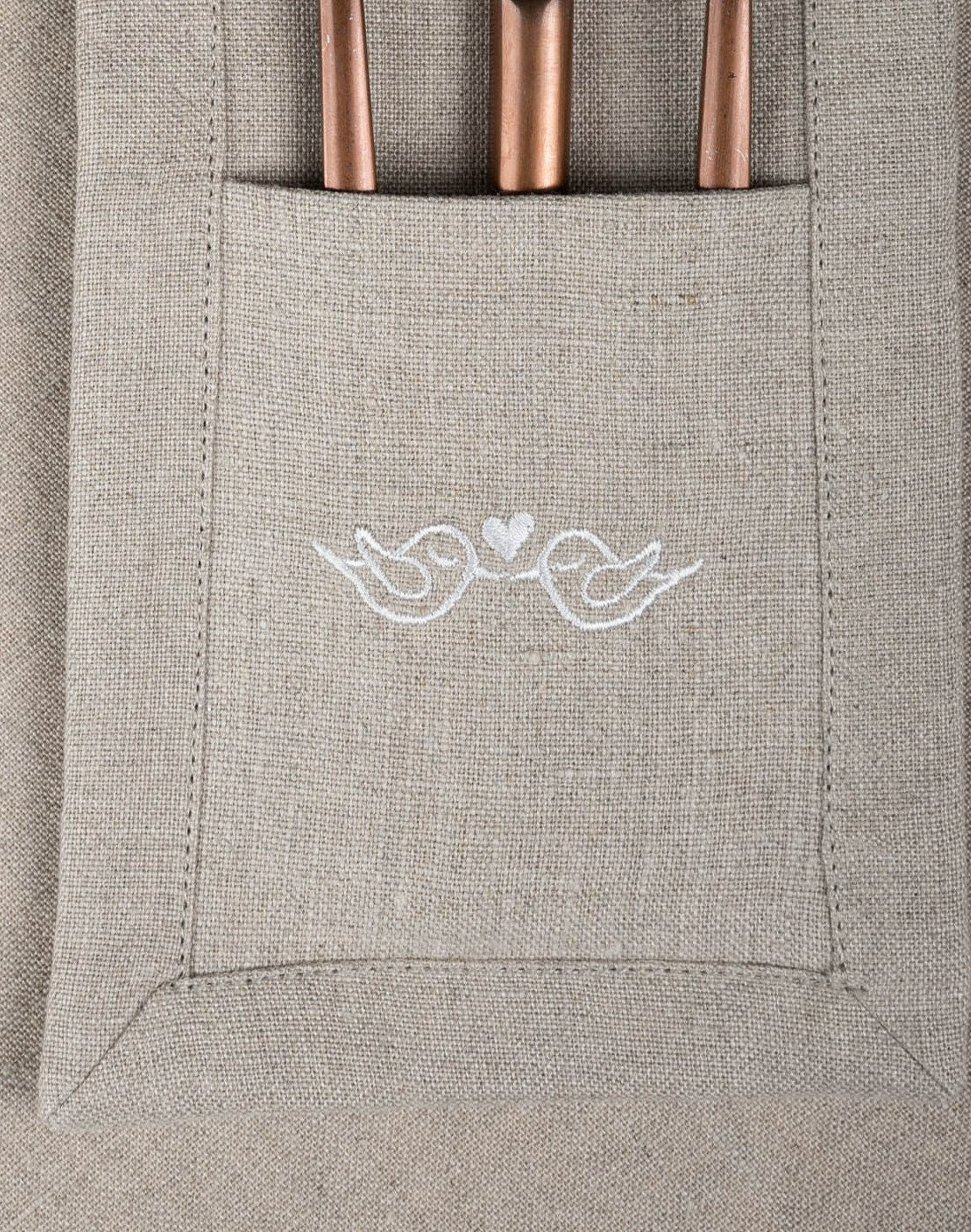 Linen cutlery holder with birds, Embroidered wedding cutlery holder