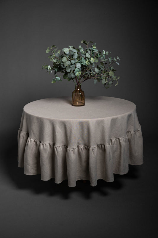 Round linen tablecloth with ruffles, Circle tablecloth, Natural linen tablecloth