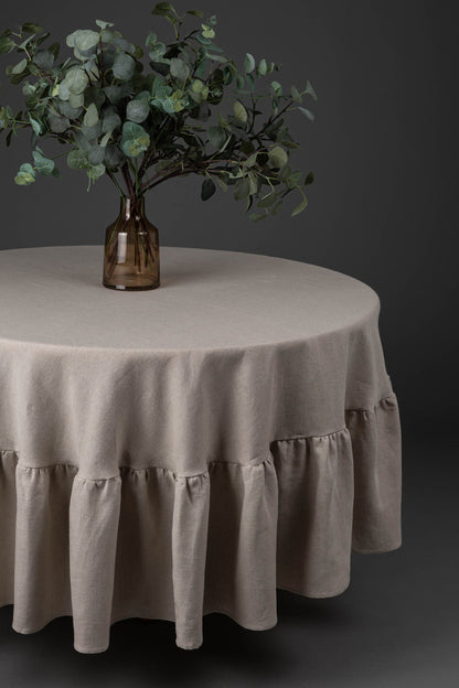 Round linen tablecloth with ruffles, Circle tablecloth, Natural linen tablecloth